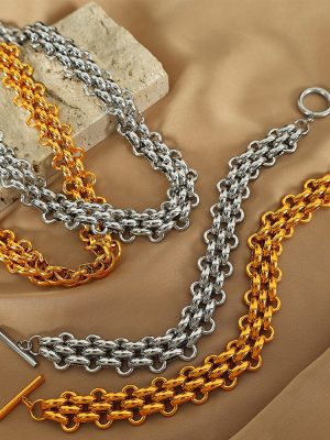 Thick Chain Personalized Necklace All-Match Gold-Plated Bracelet Cold Exaggerated Trendy Cool Temperament Jewelry Set Buckle Design