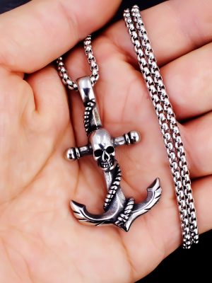 Stainless Steel Skull Pendant Boat Anchor Necklace Vintage Hemp Design Accessories