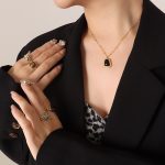 color: P258-Gold Black Cat's Eye Stone Necklace -40+5cm