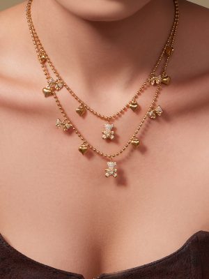 Stainless Steel Diamond Bear Jewelry 18K Gold Plated round Bead Necklace Heart Multi-Pendant Bracelet Anklet Earrings Necklace