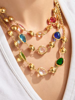 High-Grade Special-Shaped Water Drop Colored Noodles Glass Stone Stainless Steel Non-Fading Necklace, Bracelet Set Ornament