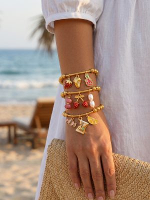 Summer Sweet Fruit Pendant Ball Bracelet Stainless Steel 18K Gold Plating All-Match Stackable DIY