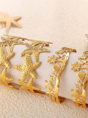 Seaside Beach Coconut Tree Marine Life Open-Ended Bracelet Stainless Steel 18K Gold Plated Light Luxury Bracelet for Women