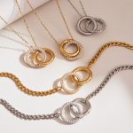 Minimalist Design Double round Ring Zircon Rhinestone Bracelet Necklace 18K Gold Plating Ring Buckle Stainless Steel Ornament