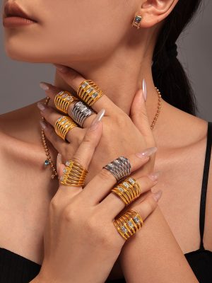 Multi-Layer Square Zircon Eye-Catching Ring Women's Hollow All-Match Stainless Steel Gold-Plated Non-Fading Index Finger Ring