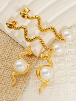 Stainless Steel Serpentine Pearl-Inlaid Stud Earrings, Women’s Chic High-End Earrings