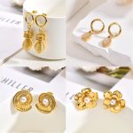 Gold opal stainless steel earrings, vintage exaggerated earrings, light luxury high-end retro flower pearl stud earrings for women.