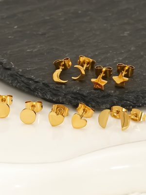 Stainless Steel Love Heart Stud Earrings Women's Simple Gold-Plated Small Star Moon Earrings