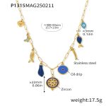 color: P1315-Gold Blue Zircon Colored Glaze Multi-charm Necklace