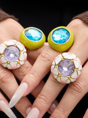 Stainless Steel Enamel Flower Gem Ring 18K Gold Color Protection Design Light Luxury Ring