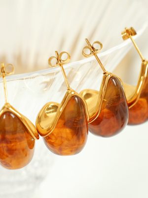 French Simplicity Retro Personalized Resin Amber Emerald Non-Fading Water Drop Stainless Steel 18K Gold Plating Ear Studs