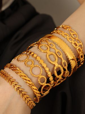 New Retro Cuban Link Chain Bracelet Twin Design Exaggerated C- Shaped Bracelet for Women Hollow out