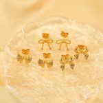 Stainless Steel Heart-Shaped Earrings Flower Cutout Zircon High-Grade Bow Stud Earrings Earrings for Women