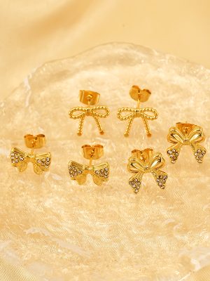 Stainless Steel Heart-Shaped Earrings Flower Cutout Zircon High-Grade Bow Stud Earrings Earrings for Women