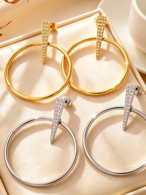 Light Luxury Inlaid Zirconium Triangle Hanging Ring Earrings Non-Fading Advanced Design Commuter's All-Matching Ear