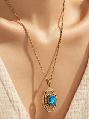 Fashionable Stainless Steel Plated 18 Gold Ocean Blue Glass 5A Zircon Pendant Necklace All-Match Jewelry Clavicle Chain Female