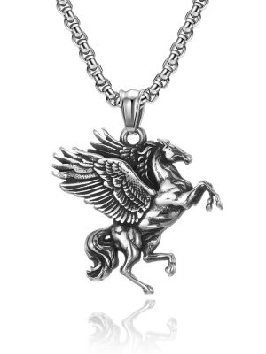Angel Pegasus Cross Pearl Chain Necklace Stainless Steel Retro Pendant Ornaments
