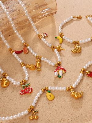Fruit Pendant Imitation Pearl Necklace Bracelet Sweet Dripping Strawberry Cherry Decorative Jewelry Set