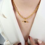 color: P1442-Gold Black Glass Stone Necklace -40+5cm
