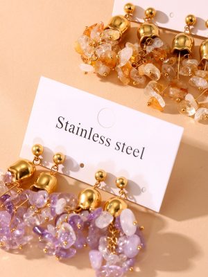 French Natural Crystal Stone Lily Tassel Earrings Long Fairy Temperamental Stainless Steel Studs Earrings for Women