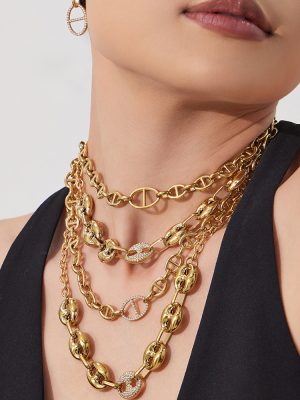 Stainless Steel Pig Nose Inlaid Zircon Stitching Bracelet Necklace PVD Gold Plated Japanese Word Full Zirconium Clavicle Chain Combination
