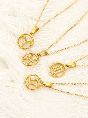 Hot Sale Stainless Steel round Twelve Constellations Necklace Classic 18K Gold Hollow 12 Pendants