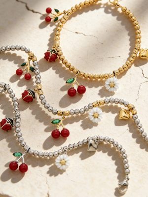 Stainless Steel Cherry Daisy Multi-Pendant Ball Bead Chain Bracelet All-Match Personality Affordable Luxury Bracelet
