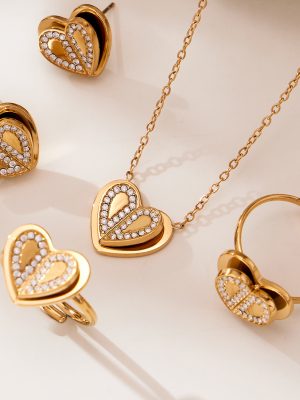 Super Flash 5A Zircon Three-Dimensional Double Layers Loving Heart Pendant Necklace Earring Ring All-Match Jewelry