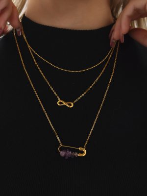 Stainless Steel Natural Stone Freshwater Pearl Pin 8 Words Bead Three-Layer Necklace Necklace Jewelry Women's Light Luxury