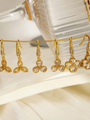 Simple Micro Zircon Earrings Three-Leaf Flower Ear Hanging 18K Gold Long Earrings