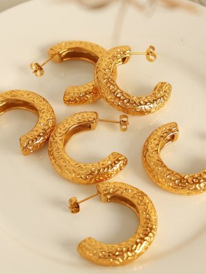 Earrings for Women Simple Personality Exaggerated Design Beating Pattern C- Shaped Opening Stainless Steel Studs