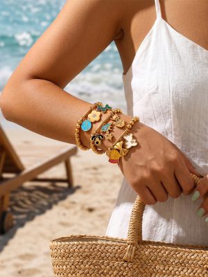 Seaside Holiday Cartoon Bear Flower DIY Multi-Pendant Gold Beaded Bracelet Summer All-Match Jewelry