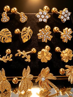 Sweet Flowers Coconut Tree Plant Stud Earrings Stainless Steel 18K Gold Plating Diamond Piercing Earrings
