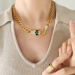 color: P1237-Black Eye Green Head Gold Necklace