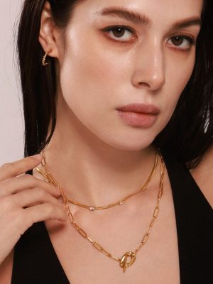 OT Buckle Necklace Square Zircon Blade Chain Double Layer Twin Stainless Steel Gold Plated Simple Accessories