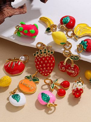 Fruit Contrast Color Strawberry Cherry Pendant Parts Stainless Steel Apple Handmade Ornament Bracelet Necklace