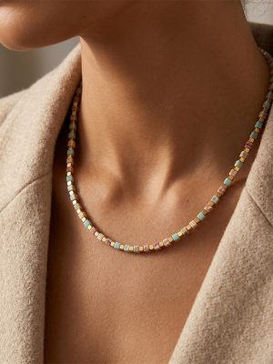 Macaron Fresh Natural Turquoise Beaded Necklace Stainless Steel Plated Square Spacer