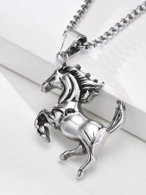 White Dragon Horse 12 Zodiac Necklace Stainless Steel Vintage Pendant Pony Ornament