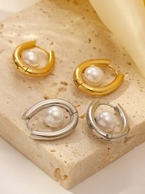 Inlaid Pearl Earrings Oval Ear Clip Women's Advanced Light Luxury 18K Gold Earrings Earrings