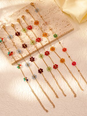 AML Bohemian Beaded Bracelet Handmade Girl Small Flower Micro Glass Bead Stainless Steel Bracelet Jewelry Set