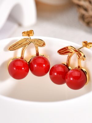 Golden Leaf Cherry Stainless Steel Earrings, Vintage Unique and Beautiful Pearl Earring Design, Women’s Stud Earrings
