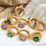 Hip Hop Exaggerated and Personalized Ring with Geometric Purple Zircon Face Cleaning Gel Stone Bracelet Gold Plated Non-Fading Female Stainless Steel