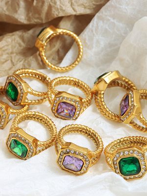 Hip Hop Exaggerated and Personalized Ring with Geometric Purple Zircon Face Cleaning Gel Stone Bracelet Gold Plated Non-Fading Female Stainless Steel