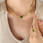 color: P1325-Green Zircon Gold Necklace -39+5cm