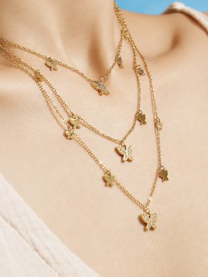 Stainless Steel Gold-Plated Zircon Butterfly Love Y-Shaped Pendant Necklace Stackable Ornament Women's Jewelry Combination