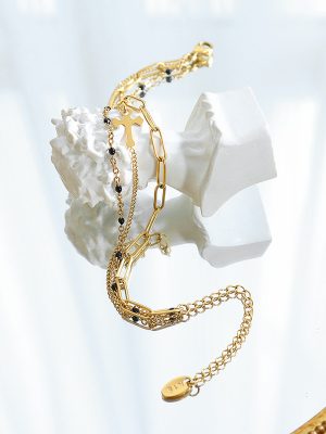 High-Grade Light Luxury Three-Layer Twin Cross Bracelet Stainless Steel 18K Gold Girlfriends Bracelet Ornament Women