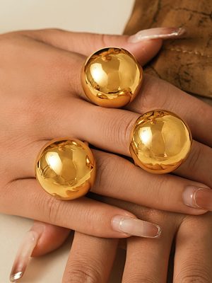 French Retro Chubby Ball Ring Exaggerated Personalized Design Stainless Steel Plated 18K Real Gold Ring