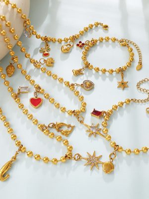 Vintage Bohemian Eight Awn Star Love Heart DIY Multi-Element Pendant round Beads Bracelet and Necklace Set