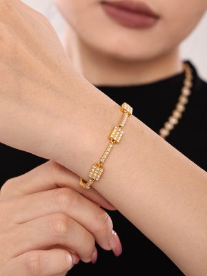 Long Square Hand-Inlaid Zircon Bracelet Stainless Steel Plated 18K Real Gold Bracelet