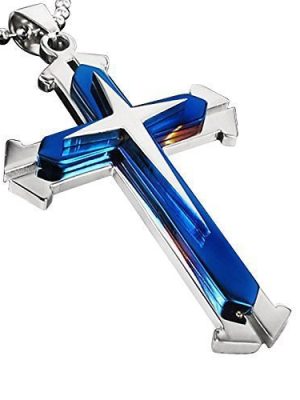 Hipster Retro New 3-Layer Blue Black Cross Men's Round Beads Chain Pendant Size Passion Men and Women